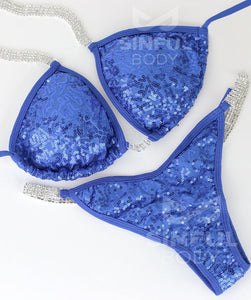 Blue NPC/IFBB/WBFF Sequins Practice Posing Competition Suit - Bikini Top