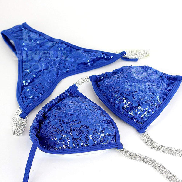 Blue NPC/IFBB/WBFF Sequins Practice Posing Competition Suit - Bikini Bottom