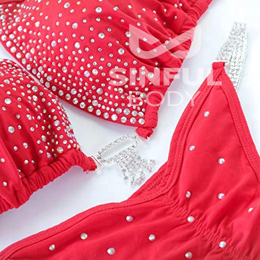 Red NPC/IFBB/WBFF Rhinestone Practice Posing Competition Suit - Bikini Top