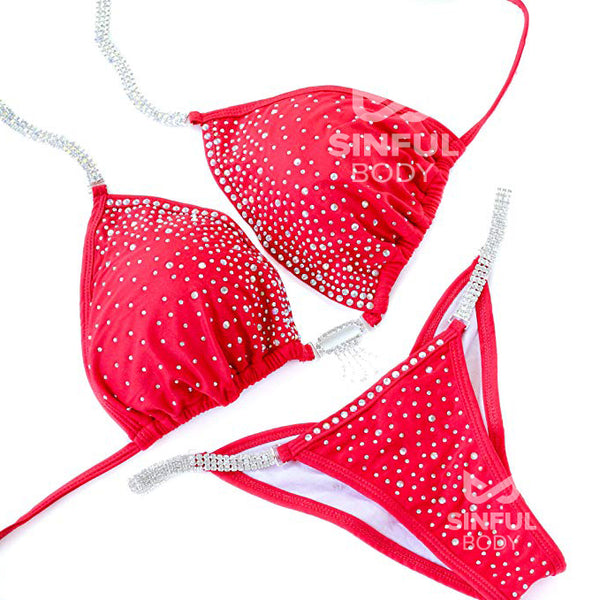 Red NPC/IFBB/WBFF Rhinestone Practice Posing Competition Suit - Bikini Bottom